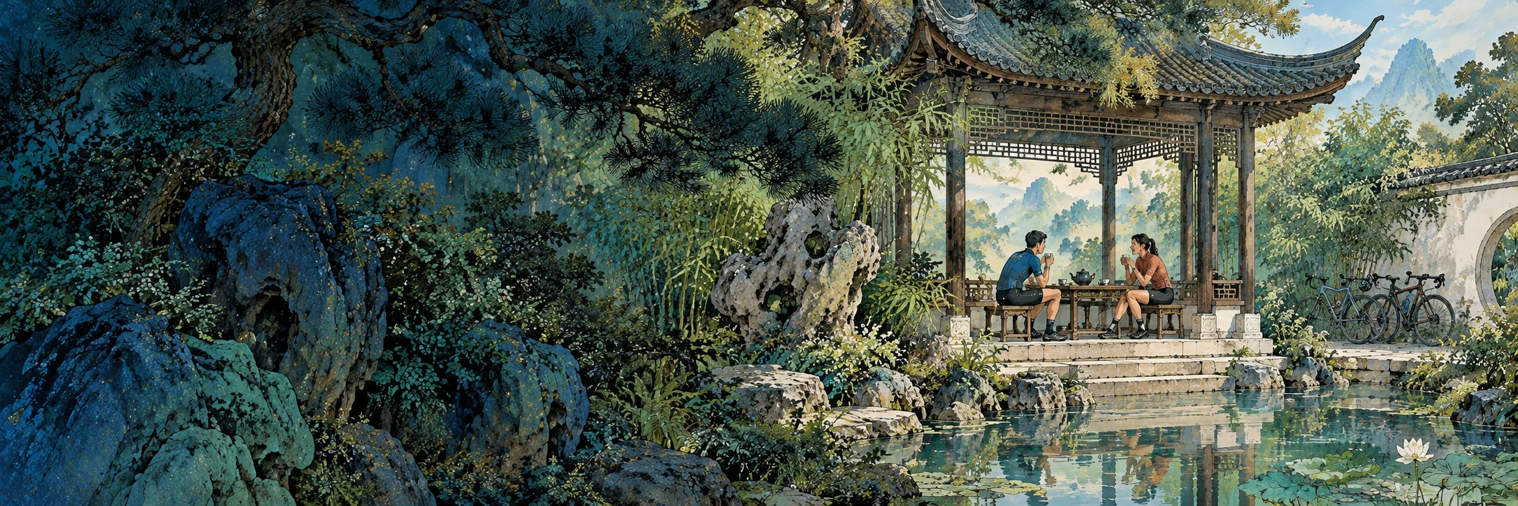 Illustrated blue-green mountains in China